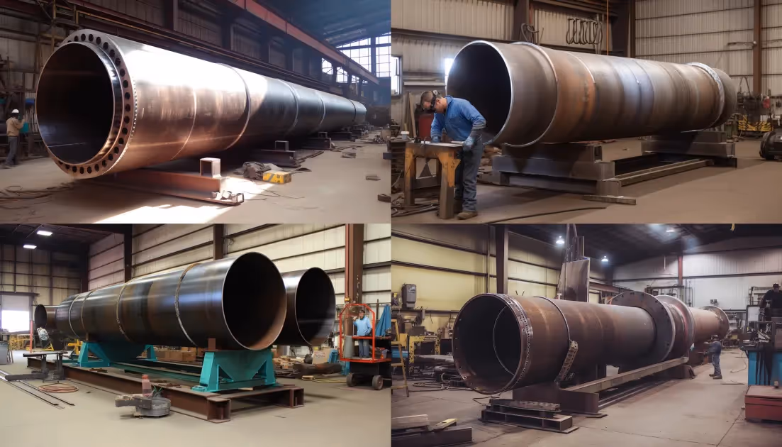 Collage of four images showing large metal pipe spools in an industrial workshop with workers and equipment nearby.